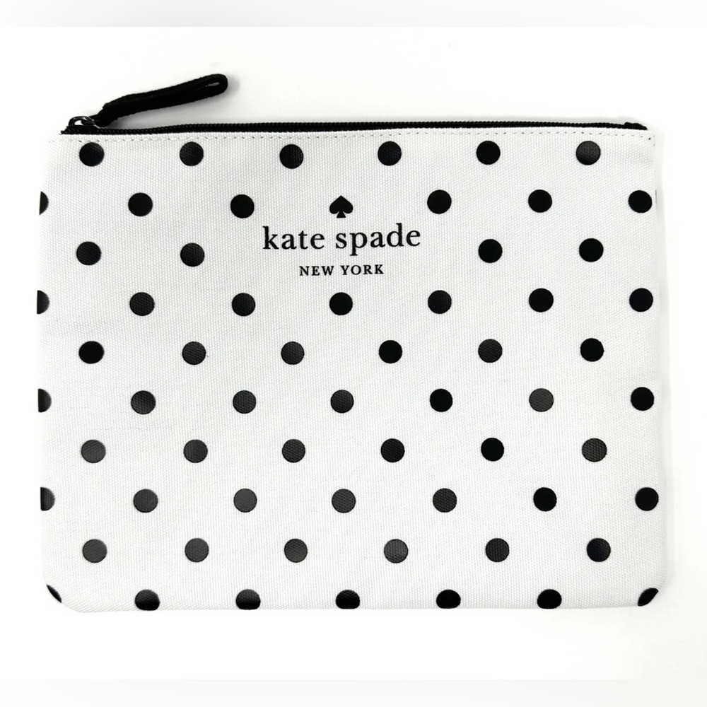 New Kate Spade Large Cosmetic Pouch Canvas Zipper White with Black Polka Dot